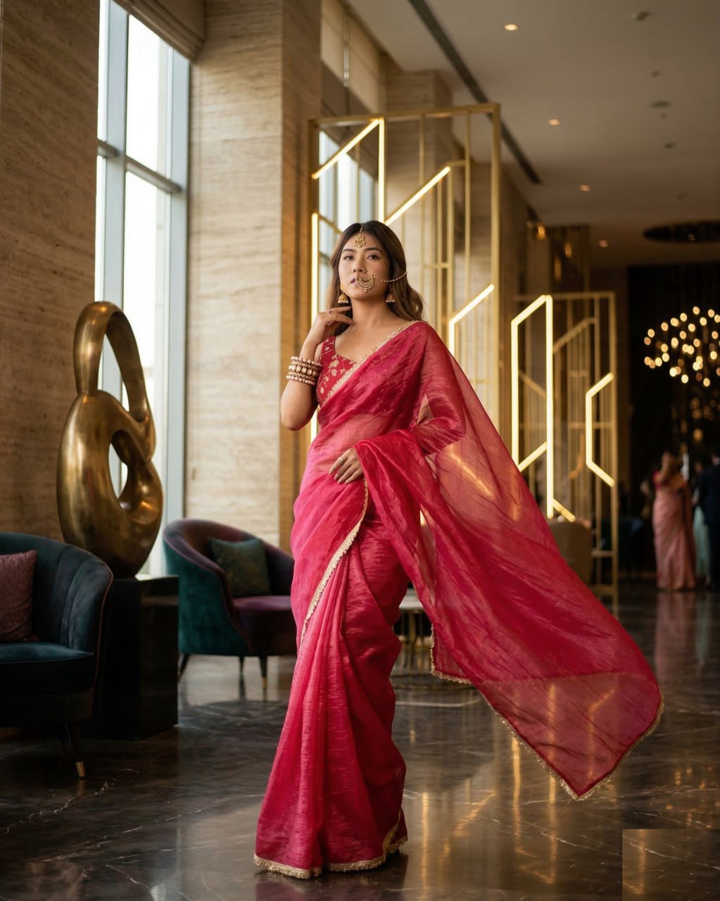 Premium Gold Crush Tissue Silk  Saree with Unstich Blouse 1