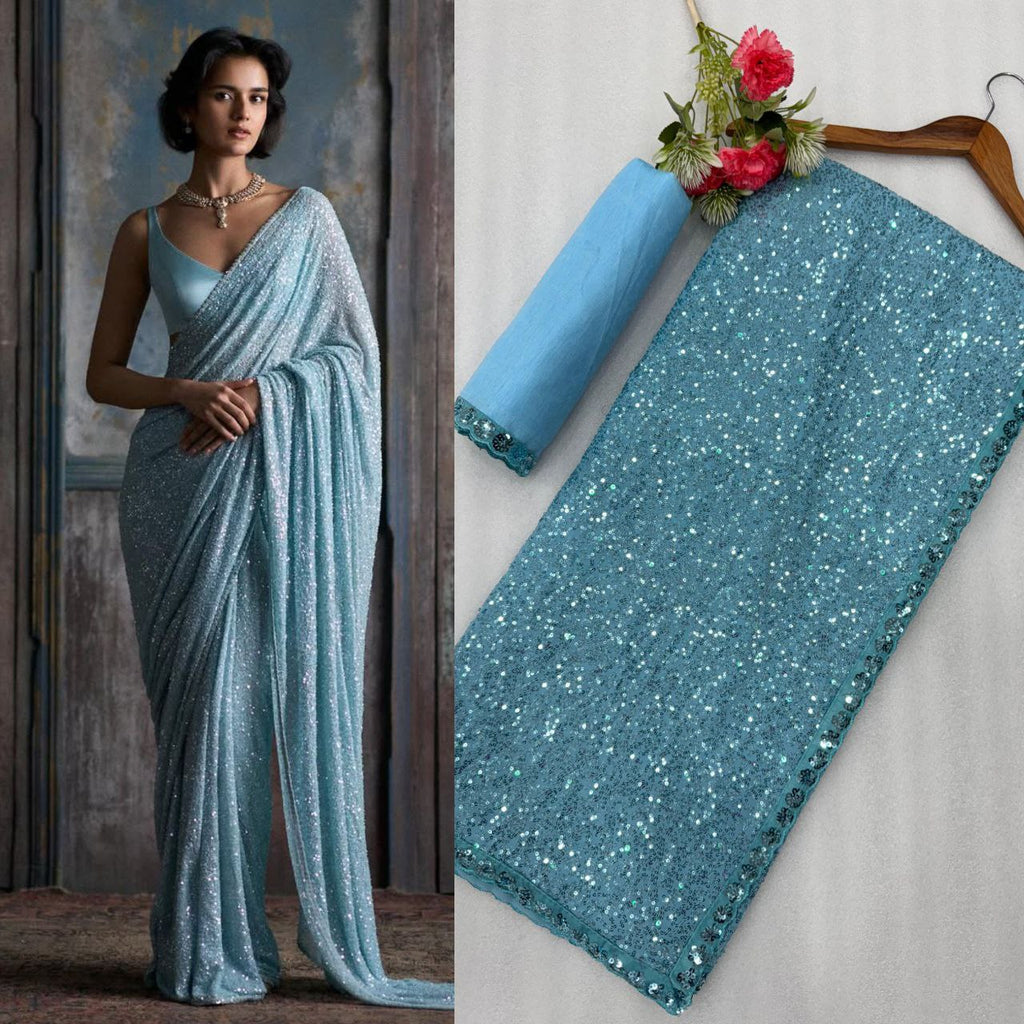 Saree Of FAUX Georgette With Heavy  Khichdi Sequence Embrodery Work