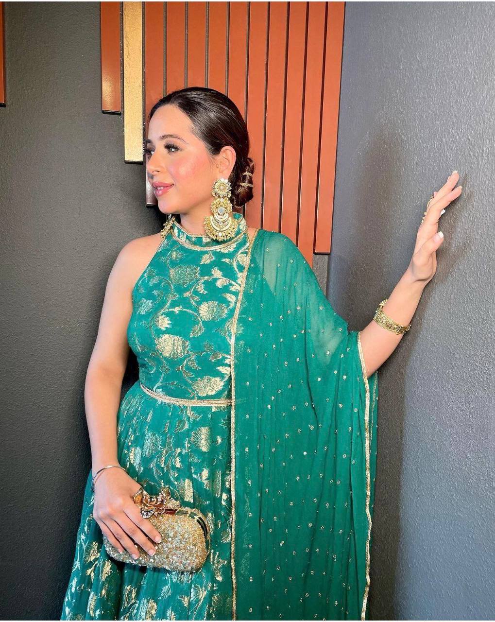 Pure Banarasi Silk Green Gown fully stitched