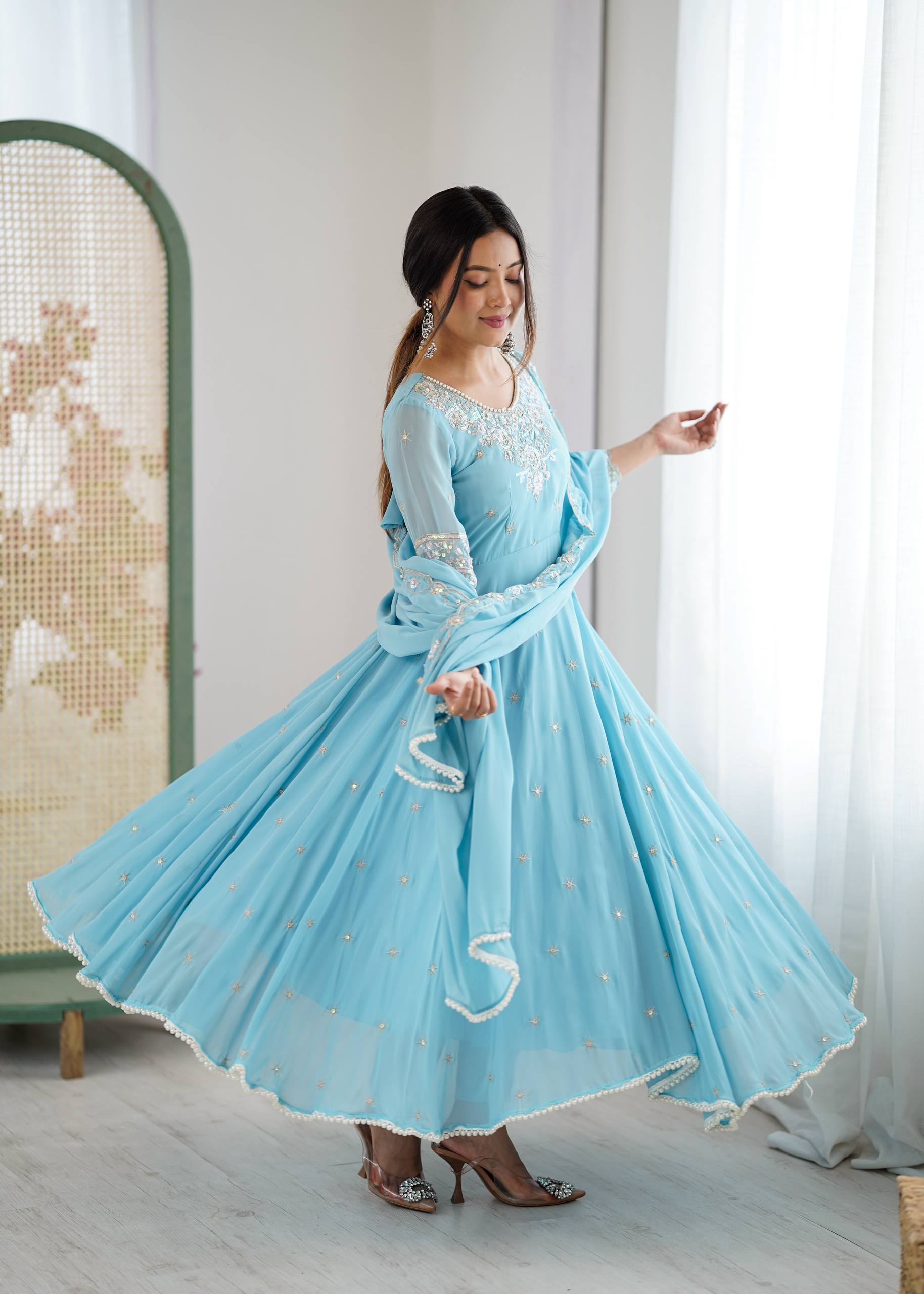 Floral Embroidered Sequinned Georgette Kurta With Palazzos & Dupatta