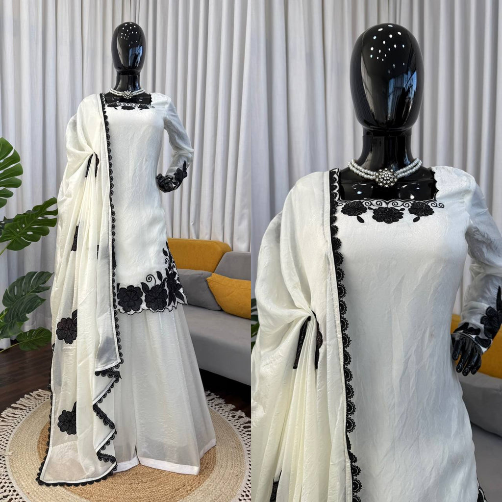 Easy Wear White Fendy Silk Embroidered Top Farshi Pant Set with Lace Dupatta