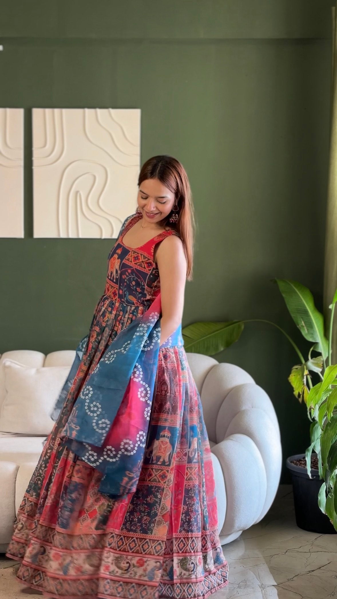 Navy Pink Patola Motif Anarkali Dress, Digital Print Ethnic Maxi with Dupatta