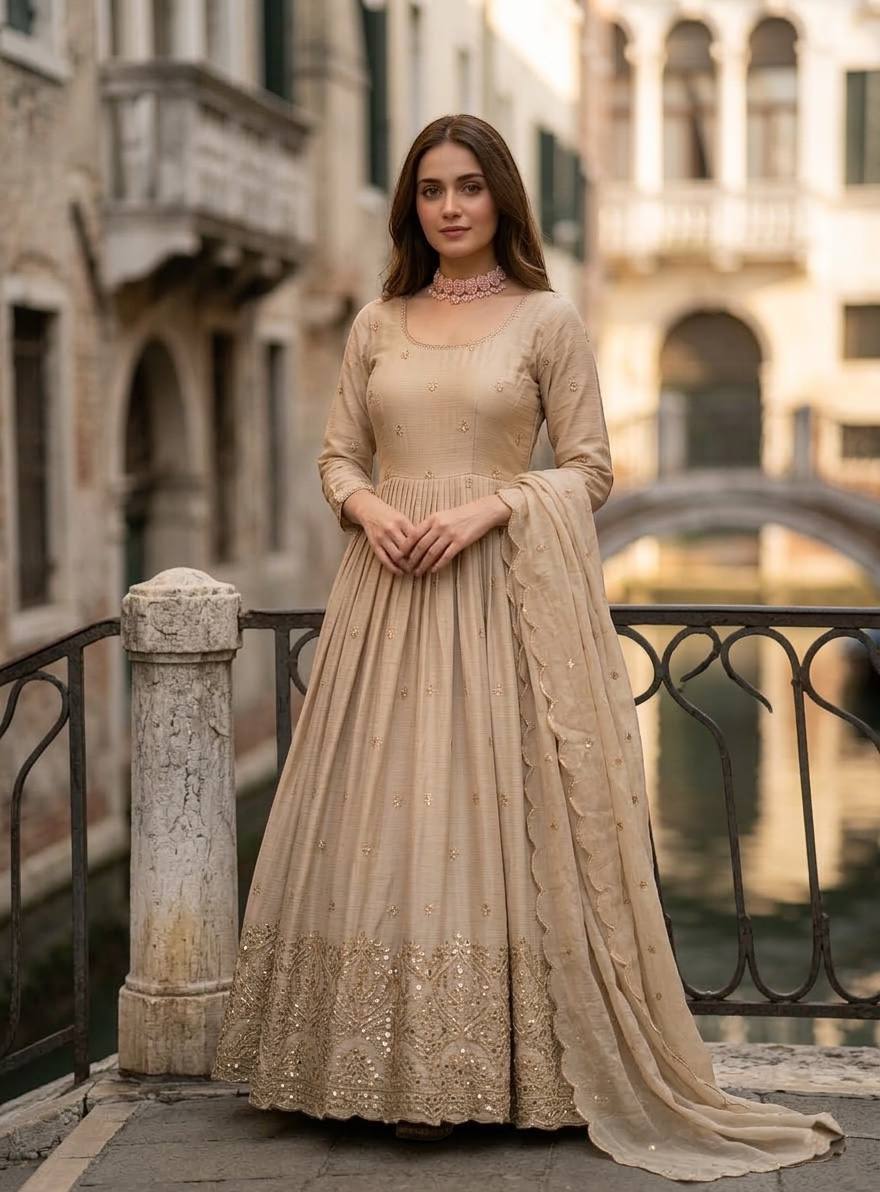 Women's Peach Faux Georgette Stitched Top With Bottom and Dupatta Full Sleeve Embroidered Anarkali Gown