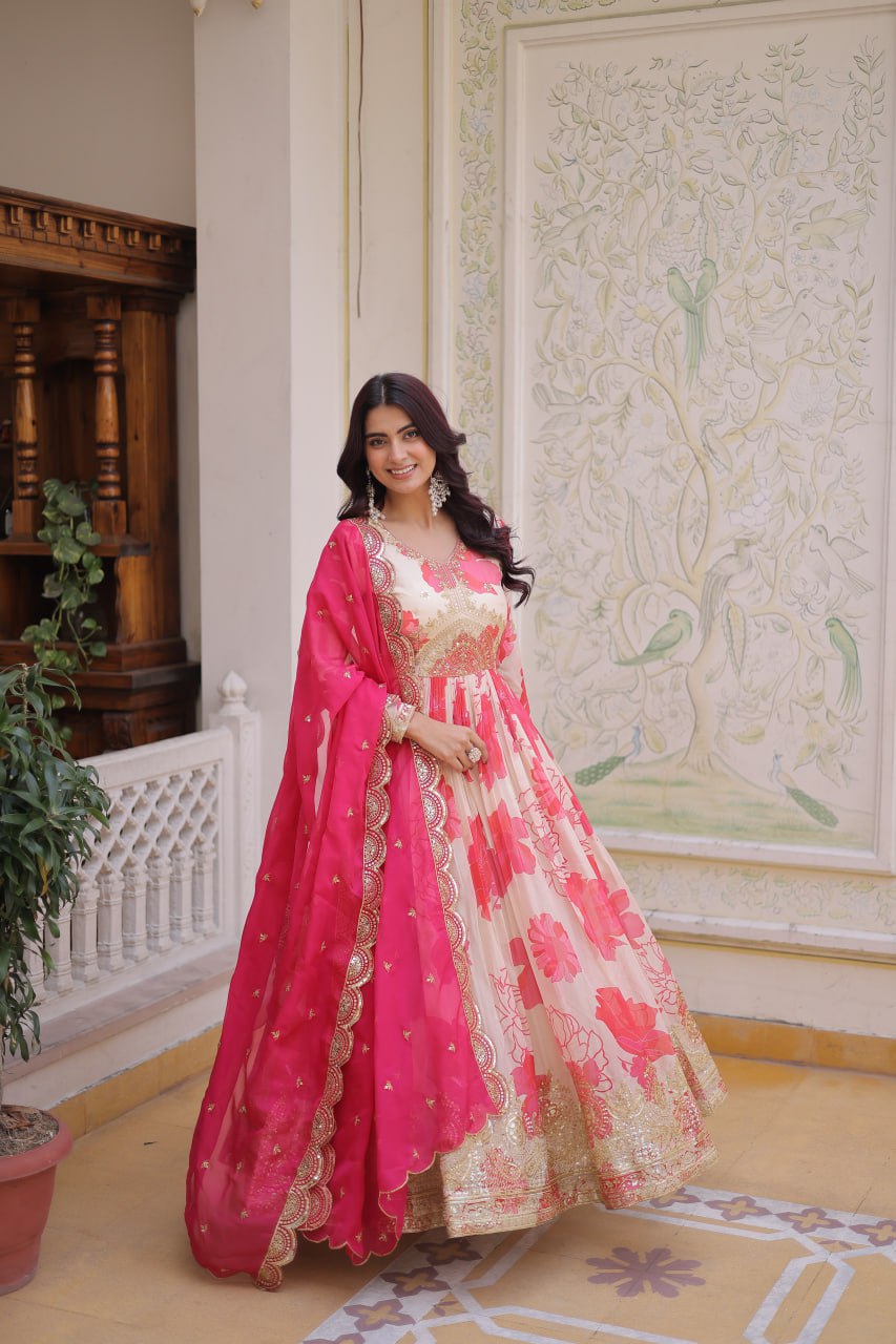 Beautiful Cream Floral Printed Silk Engagement Wear Anarkali Gown