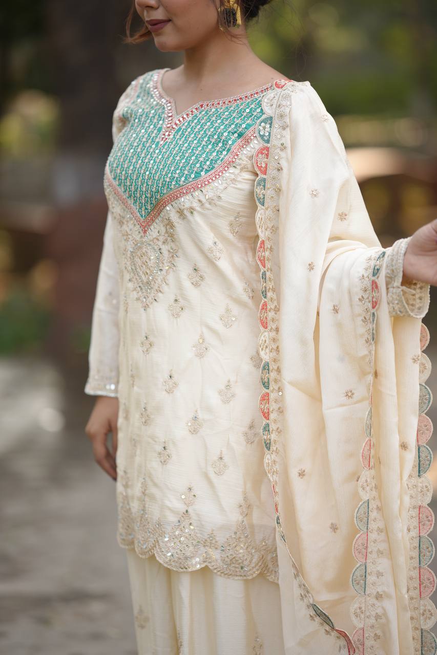 Aglow Off White Chinon Embroider Work Salwar Suit