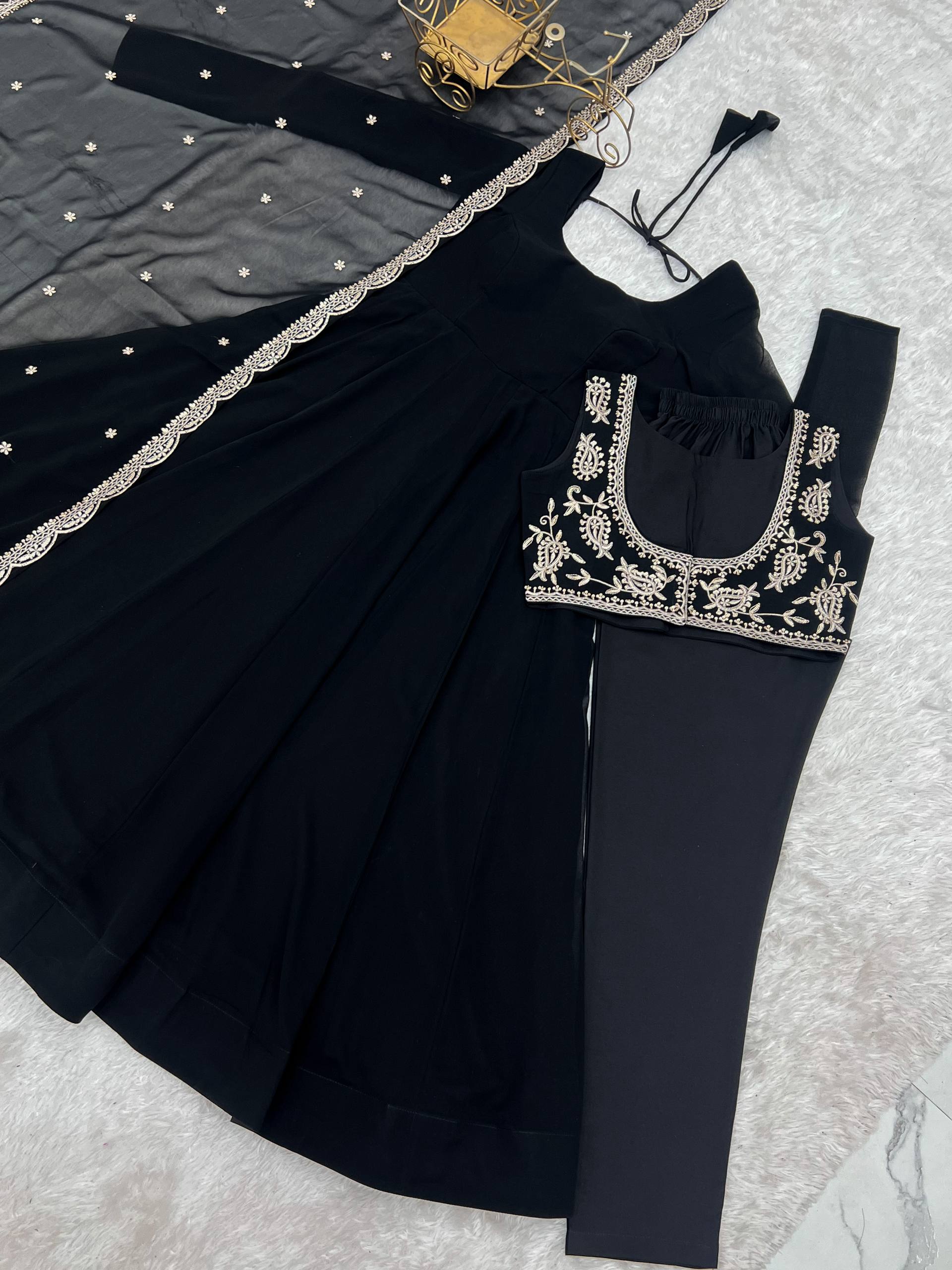 Black Color Faux Georgette Embroidered Anarkali Suit