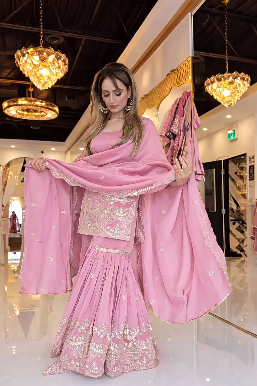 Pink Colour Heavy Faux Georgette 5mm Embroidery Sequence Work Sharara