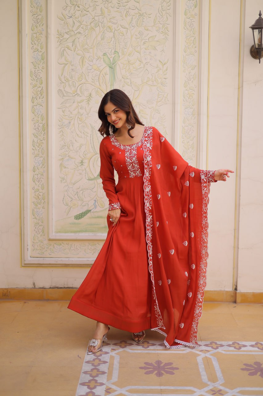 Sweet Rust Orange Bead Work Chanderi Wedding Wear Gown With Dupatta