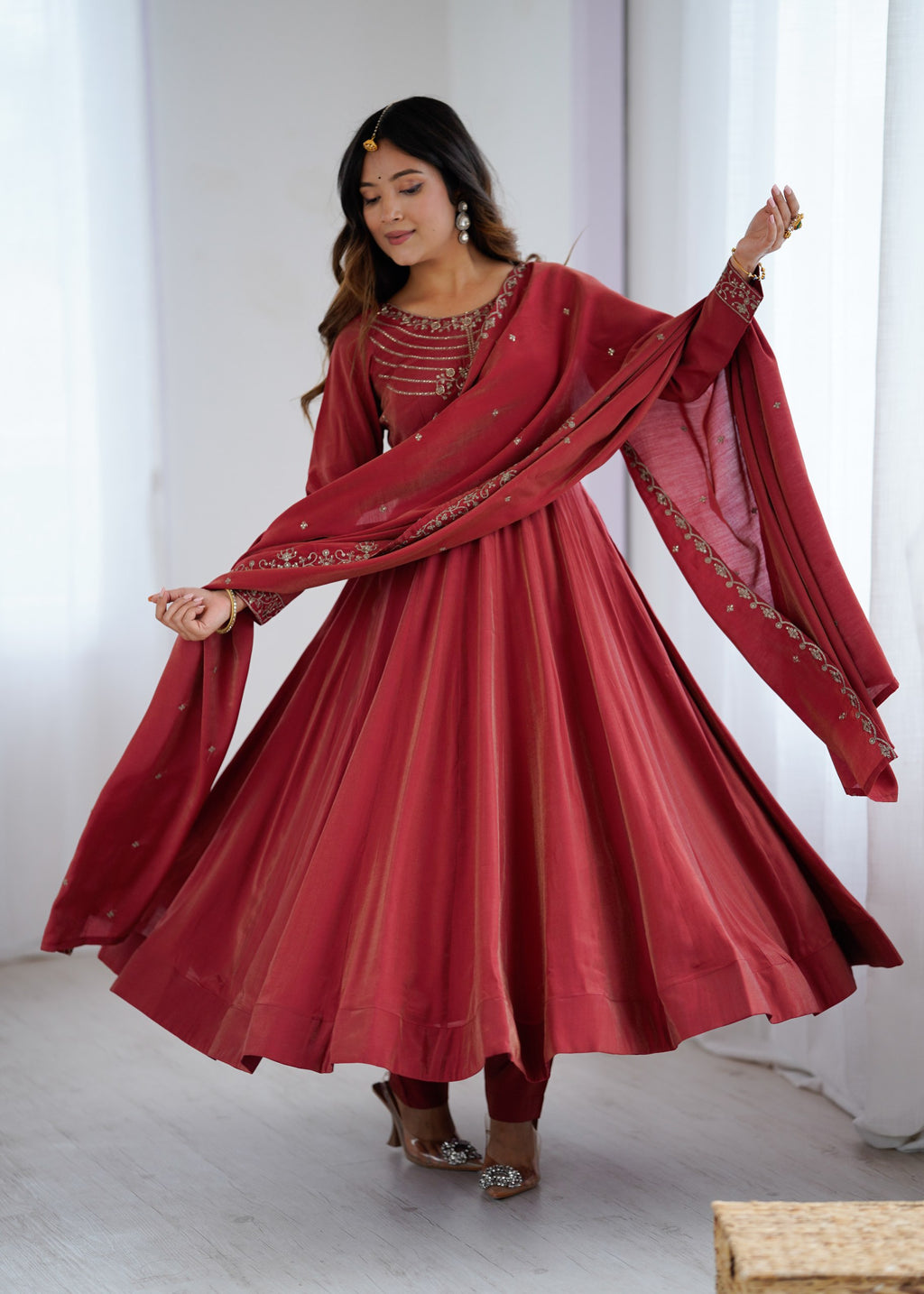 Maroon Chanderi Silk Anarkali Set with Handwork Beads