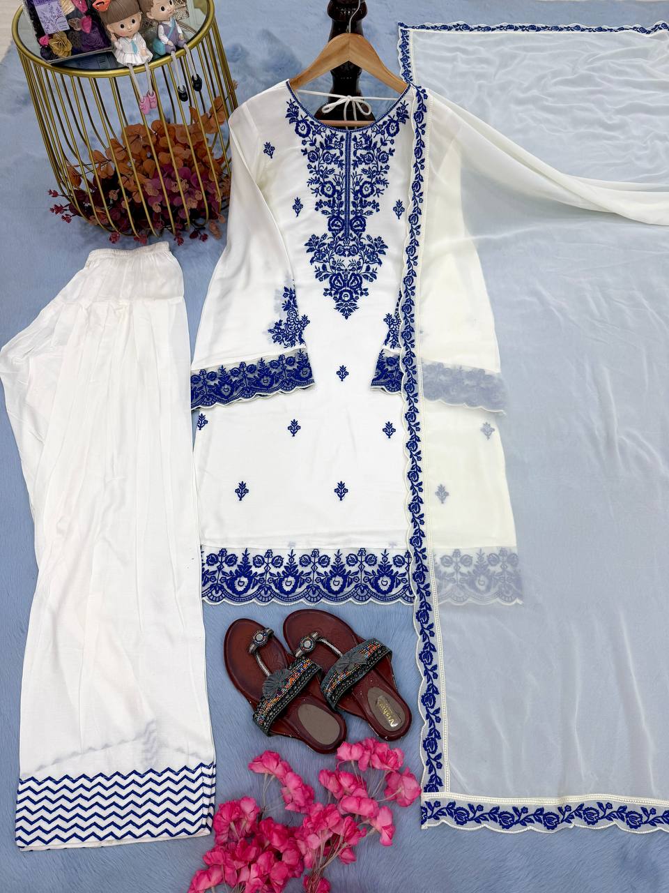 designer Party Wear Look Pur Rayon Cotton Top & Farshi Palazzo With Dupatta set