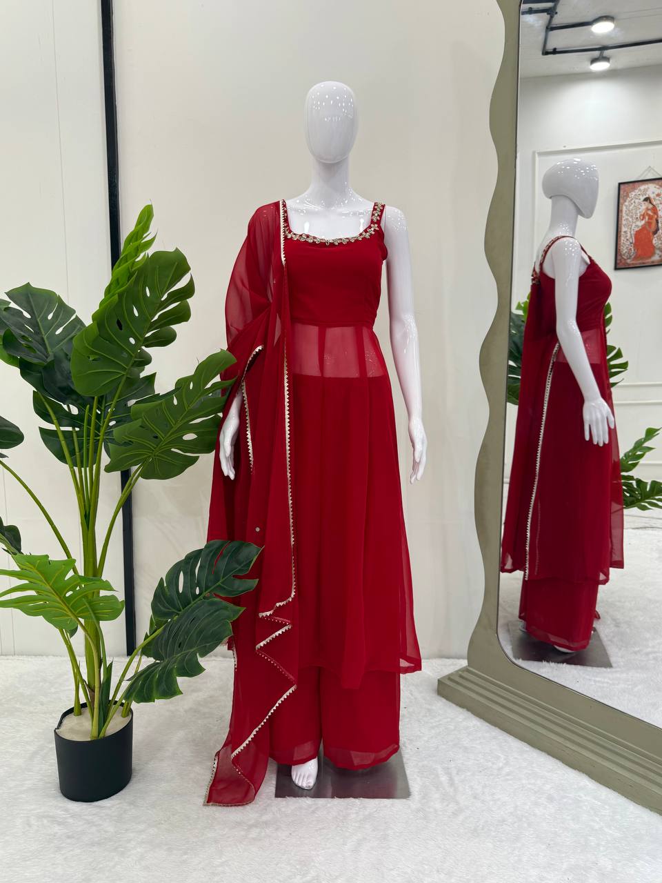 Red Faux Georgette Lace Mirror Work Salwar Suit