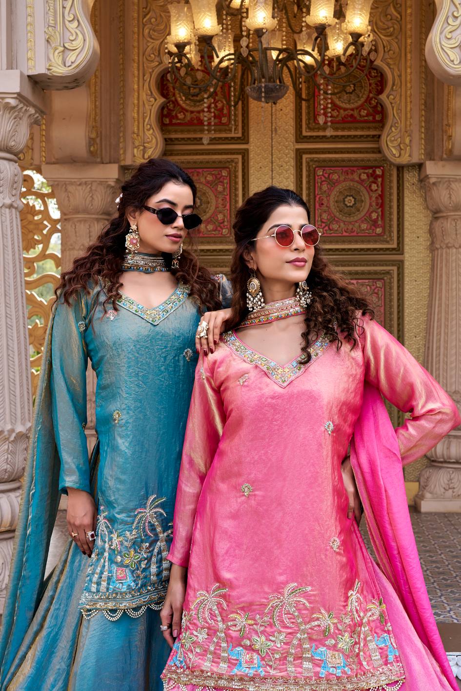 Pink & Blue Pure Fendy Kurti Lehenga with Moti Embroidery & Dupatta Set