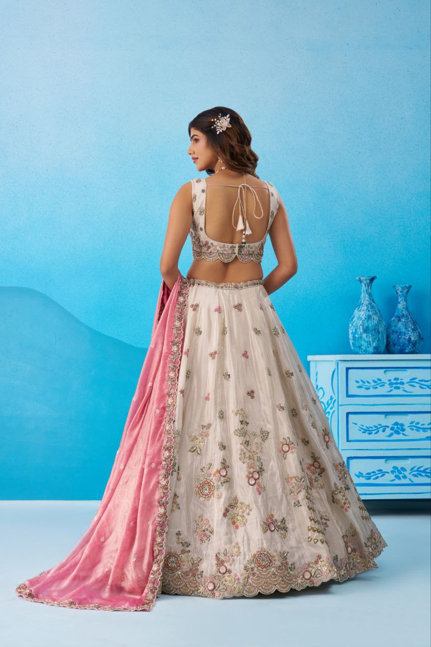 Women's Cream Tissue Sequins Embroidered Lehenga And Blouse With Dupatta