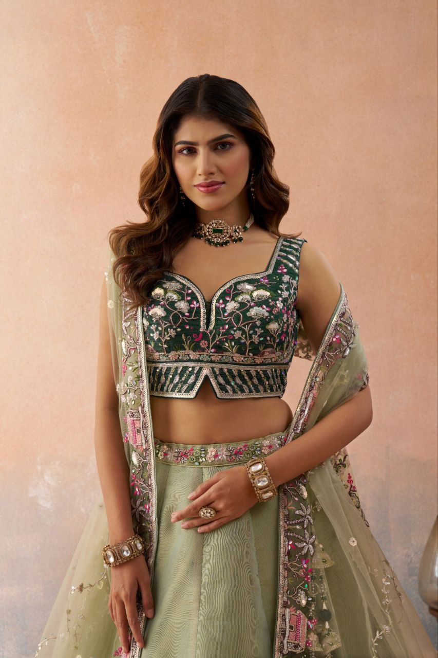 Embroidered Sequinned -Stitched Lehenga & Unstitched Blouse With Dupatta