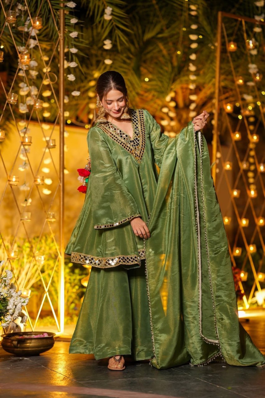 Women Embroidered Panelled Mirror Work Dupion Silk Kurta with Palazzos & With Dupatta