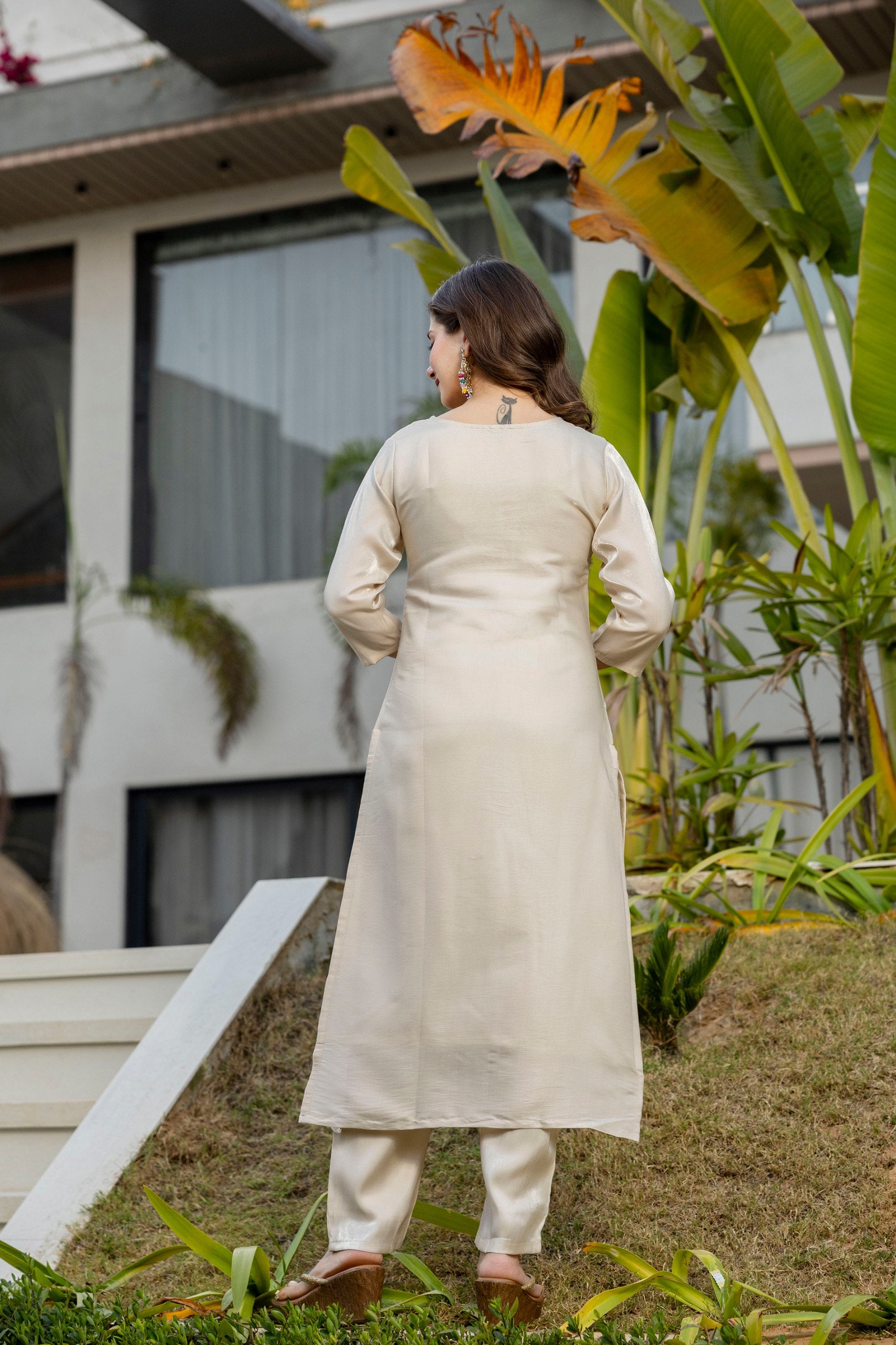 Sophisticated Cream Viscose Shimmer Embroidered Printed Straight Pant Suit After Six Wear