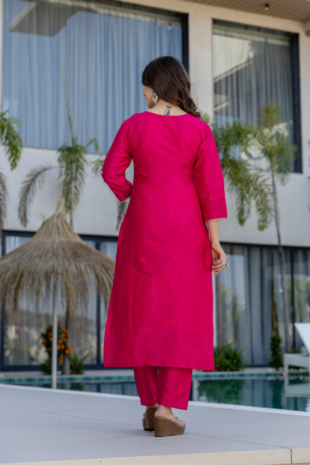 Women Ethnic Motifs Embroidered Regular Thread Work Chanderi Cotton Kurta with Trousers & With Dupatta