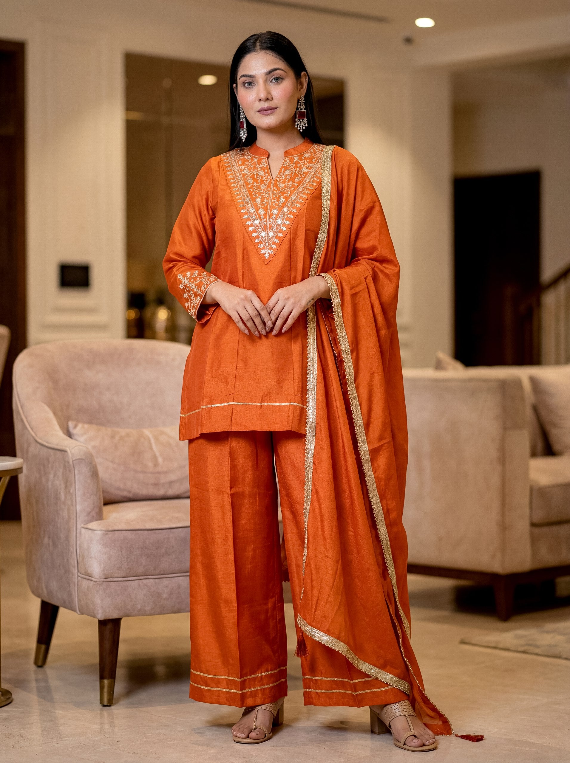 Embroidered Regular Sequinned Chanderi Silk Kurta with Palazzo & Dupatta