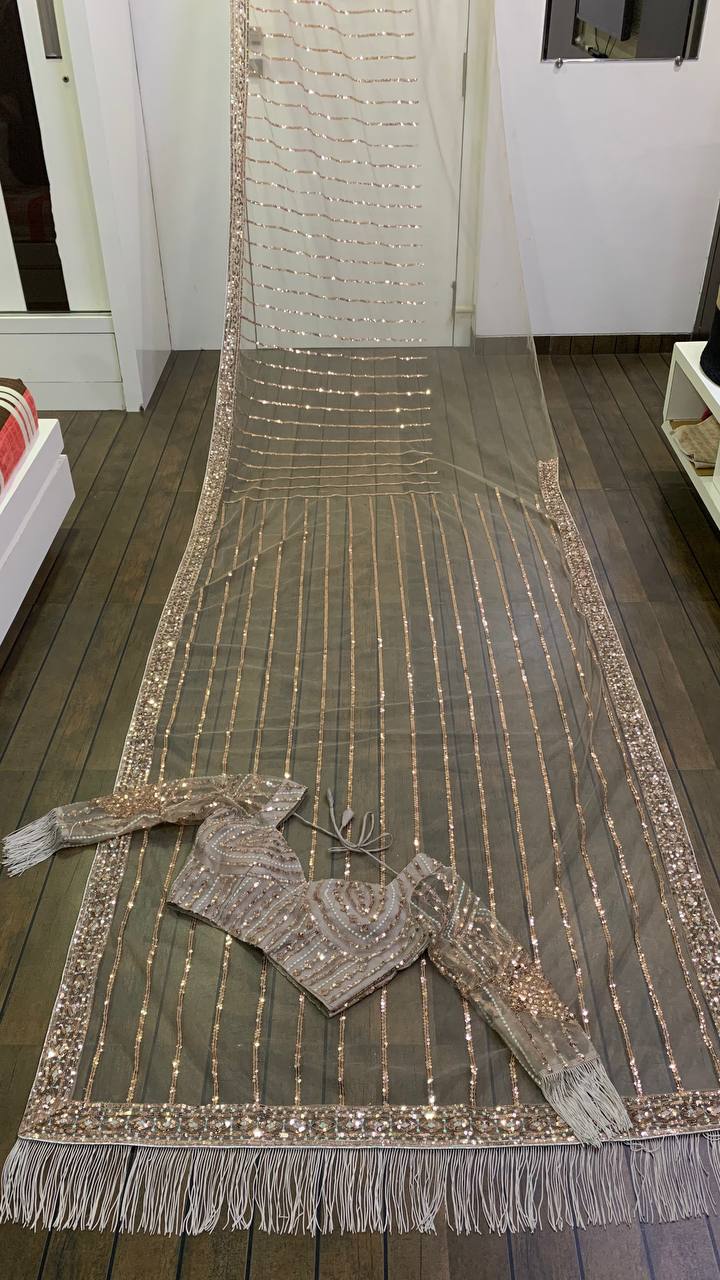 Grey Color Bollywood Saree in Soft Mono Net With Sequence Work Indian Sari