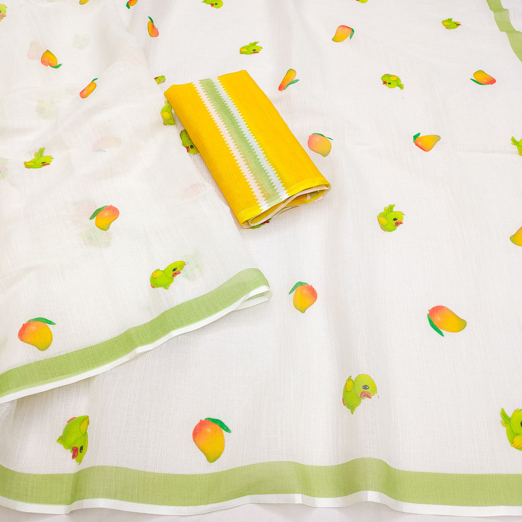 Printed Pure Linen Block Print Saree With Unstiched Blouse Piece