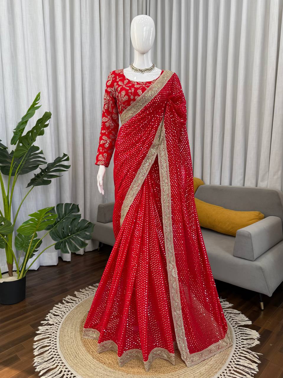 Faux Blooming Georgette Red Saree