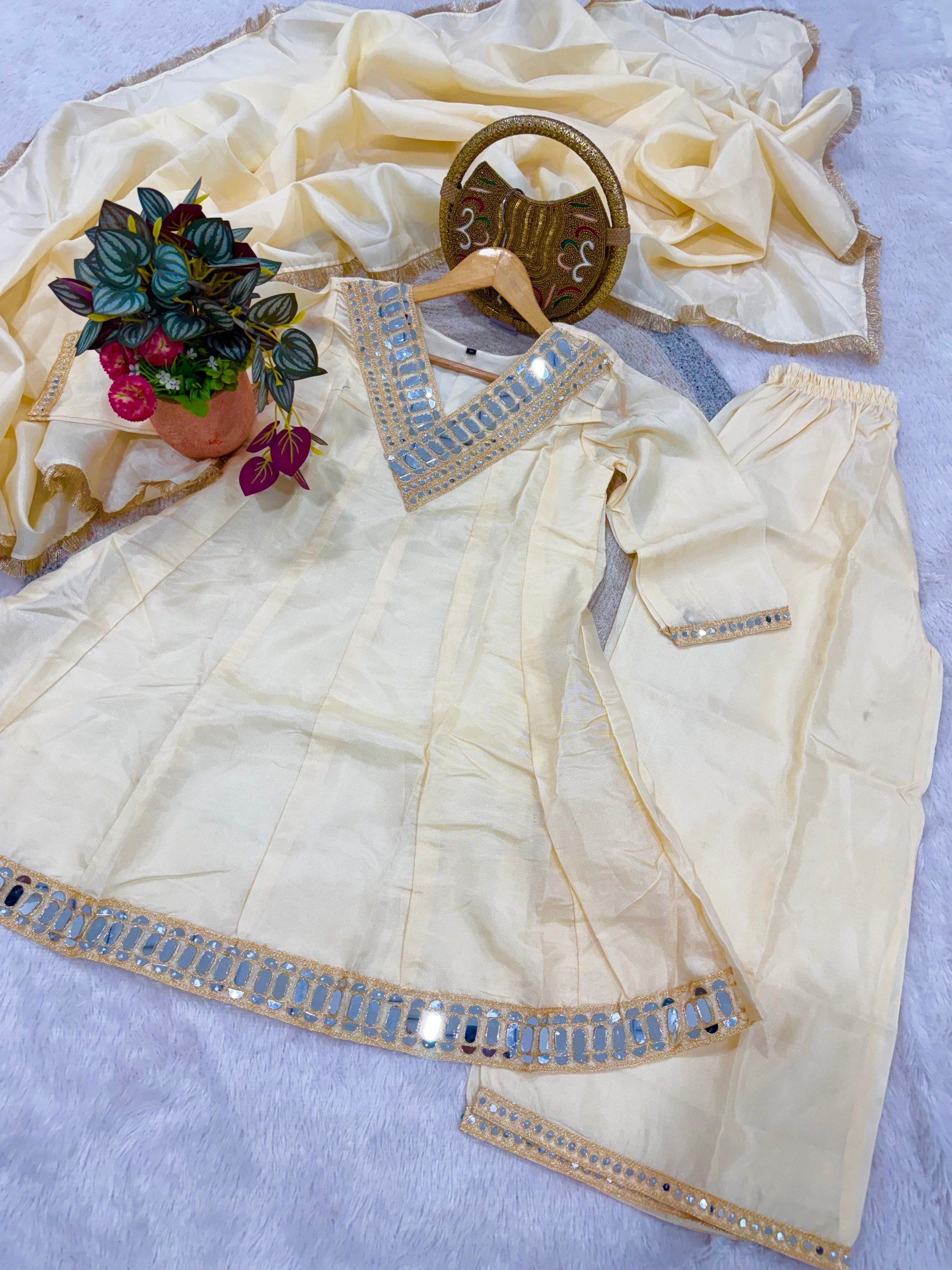 Shimmer Silk Mirror Work 3Pc Designer Kurti Pant Dupatta Set