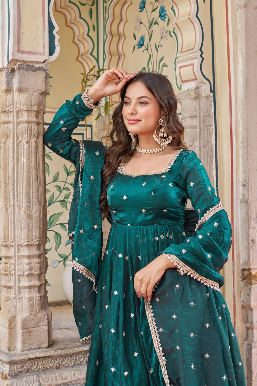 Embroidered Art Silk Anarkali Suit in Teal Blue
