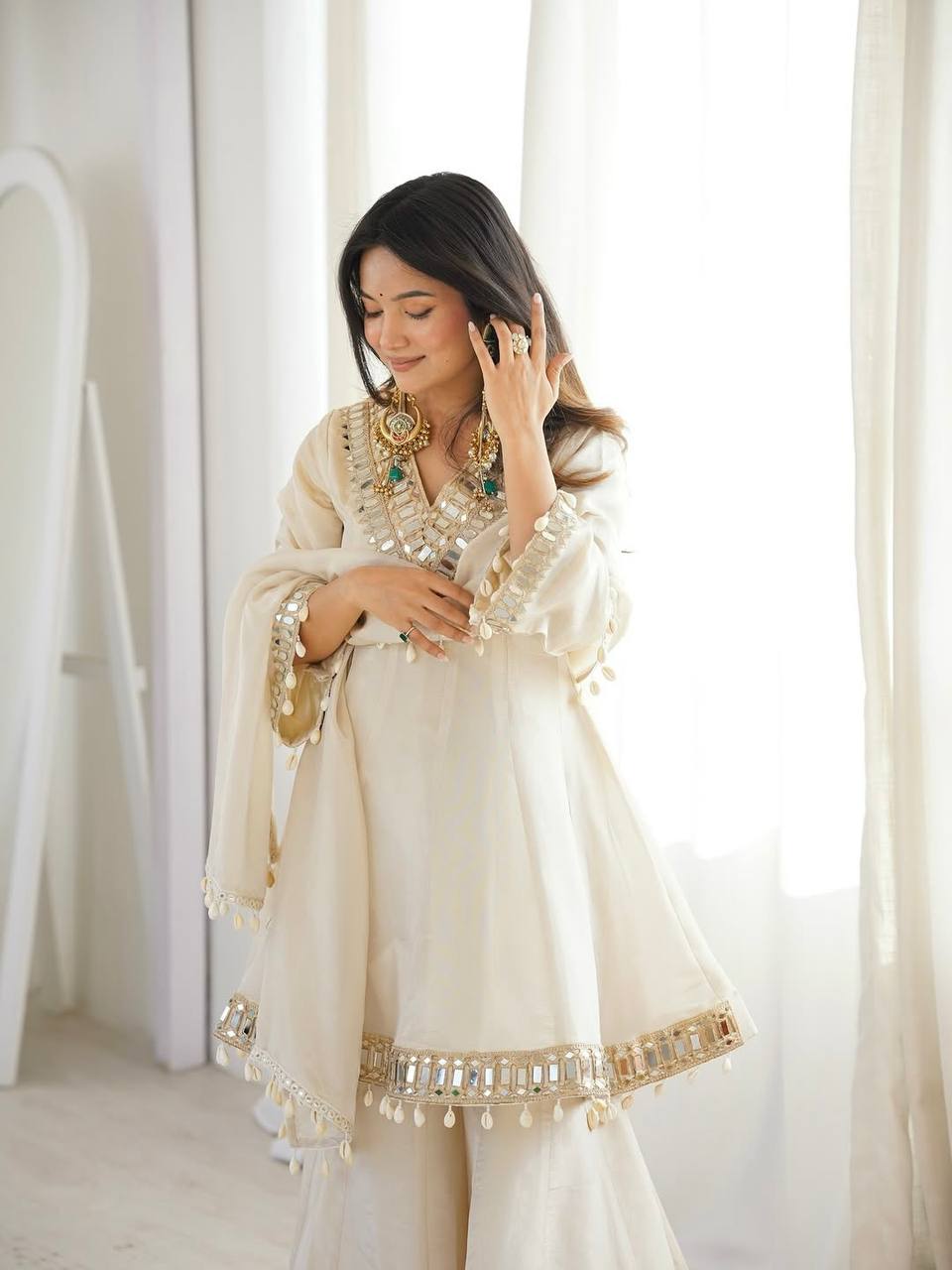 Premium Real Mirror Work Chinon Plazzo Set with Kodi Lace Dupatta for Festive and Party Wear