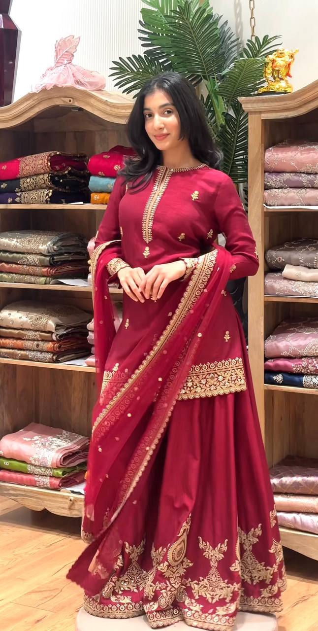 Super Red Natural Crap Embroider Work Salwar Suit