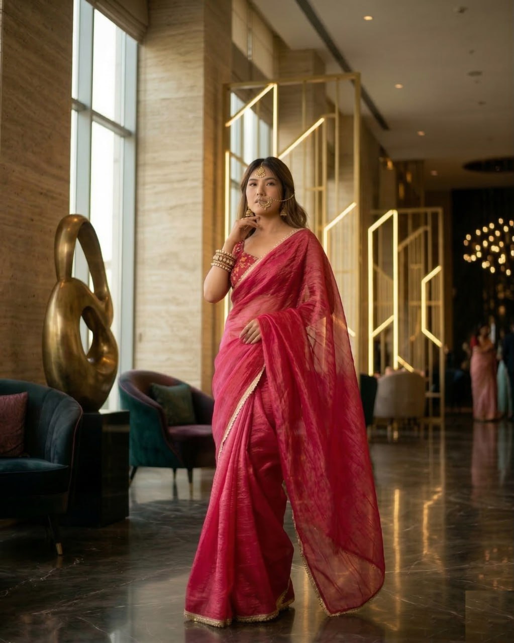 Premium Gold Crush Tissue Silk  Saree with Unstich Blouse 1