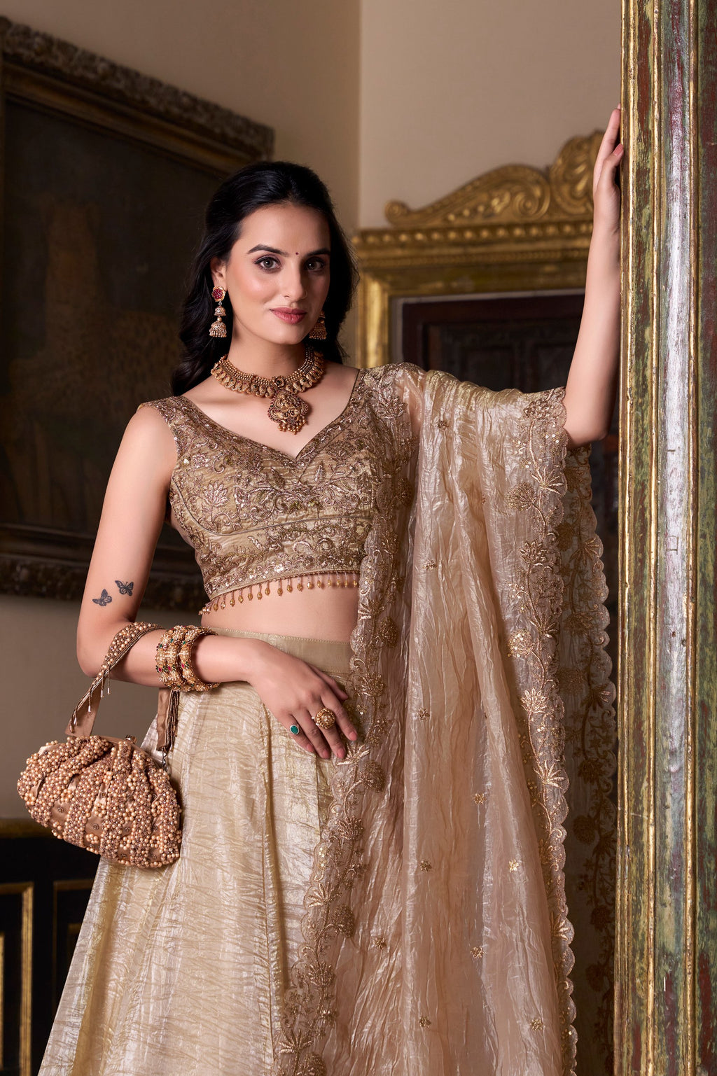 Chikoo Color Gold Crush Lehenga Choli