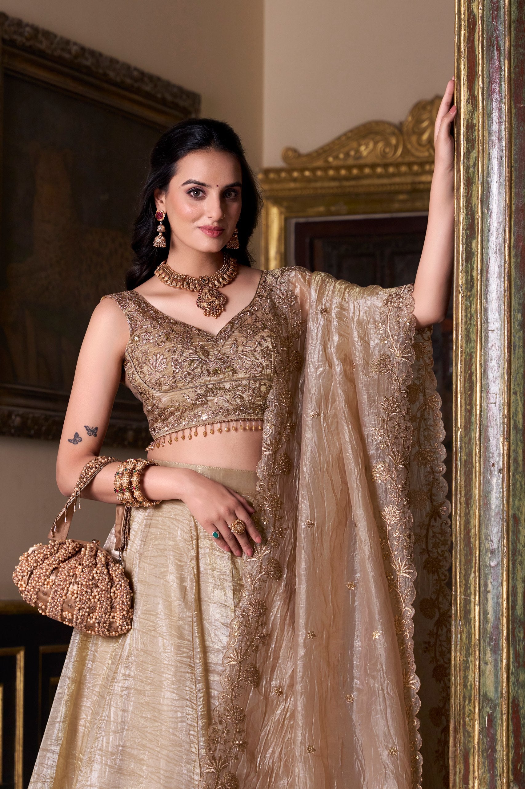 Chikoo Color Gold Crush Lehenga Choli
