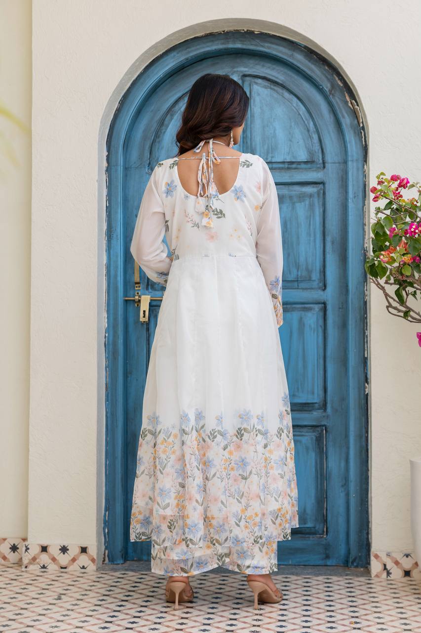 WOMEN'S WHITE COLOUR CHIFFON ANARKALI KURTA PALAZZO AND DUPPTTA SET