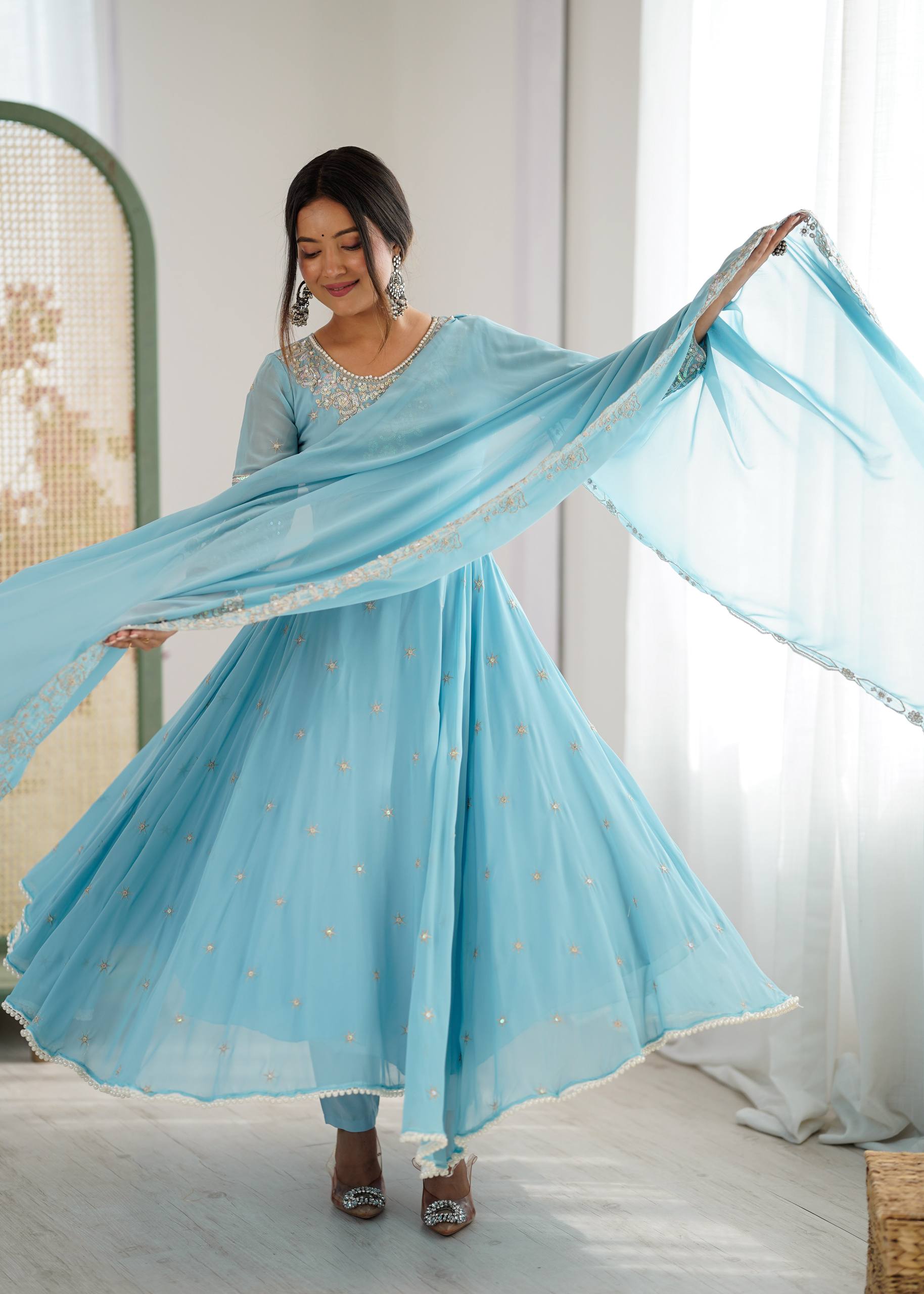 Floral Embroidered Sequinned Georgette Kurta With Palazzos & Dupatta