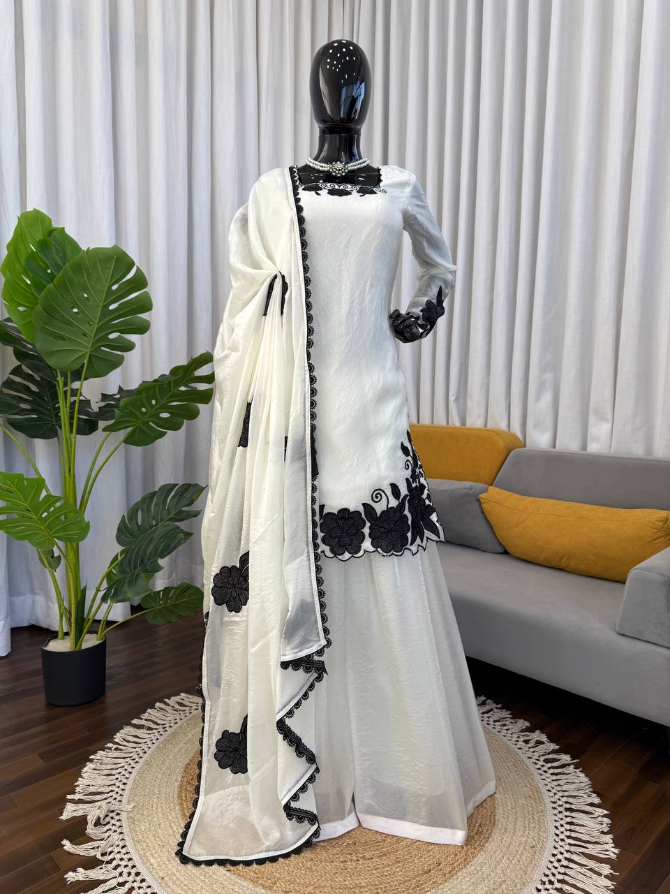 Easy Wear White Fendy Silk Embroidered Top Farshi Pant Set with Lace Dupatta