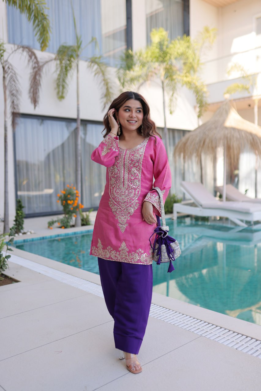 Viscose Embroidered Kurti Set with Roman Silk Bottom for Women
