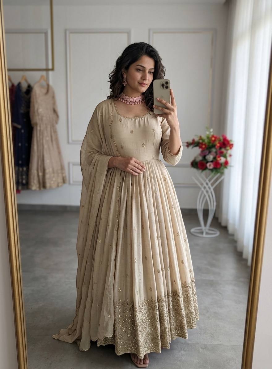Women's Peach Faux Georgette Stitched Top With Bottom and Dupatta Full Sleeve Embroidered Anarkali Gown