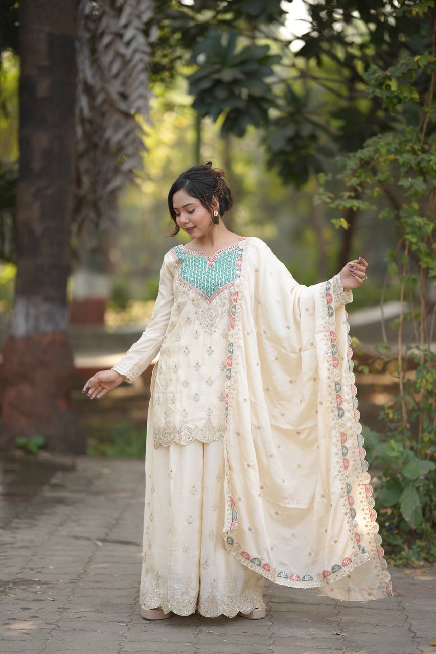Aglow Off White Chinon Embroider Work Salwar Suit