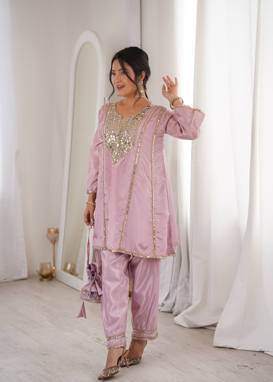Pink Mirror Work Kurti Pant Set & Batwa