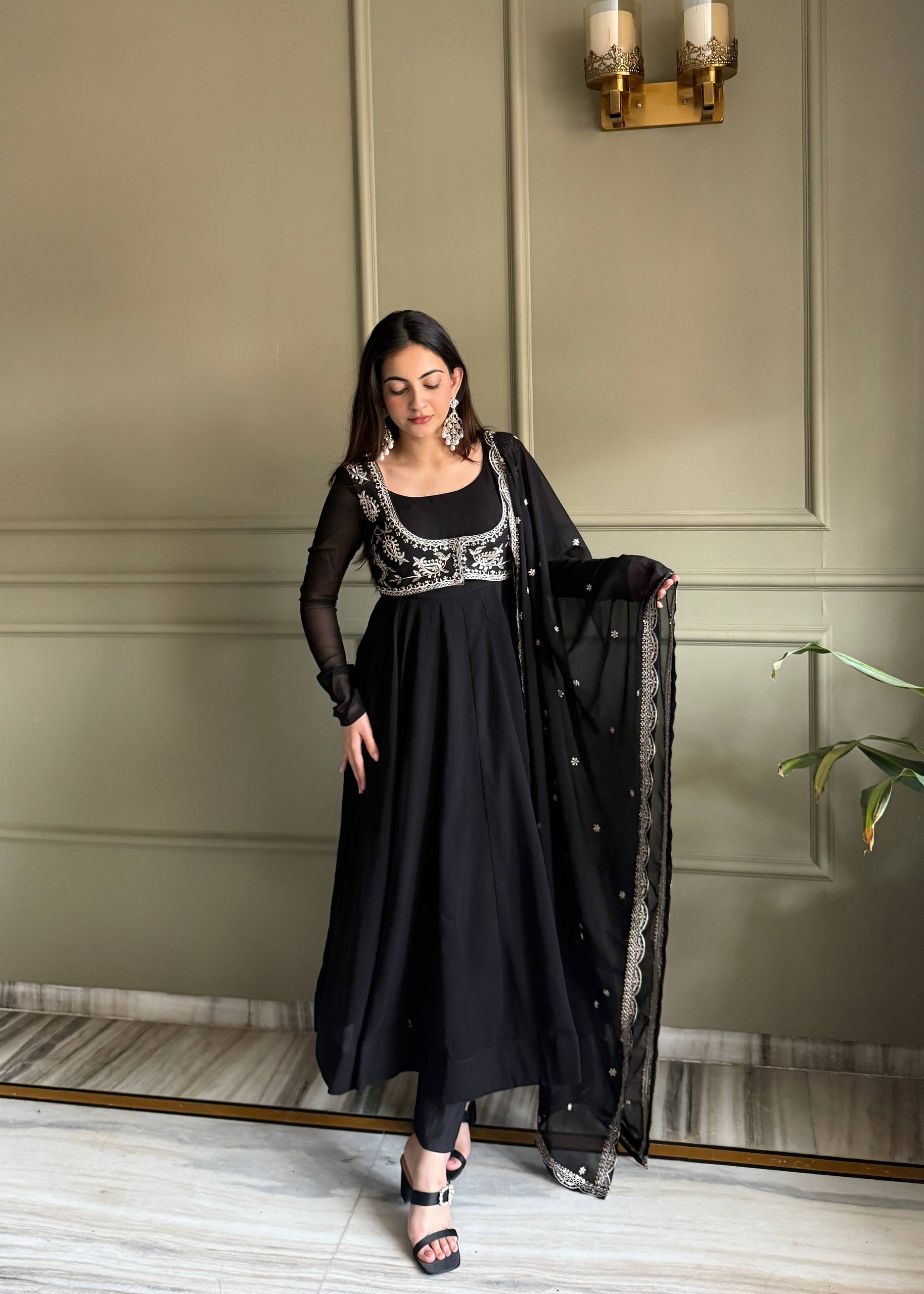 Black Color Faux Georgette Embroidered Anarkali Suit