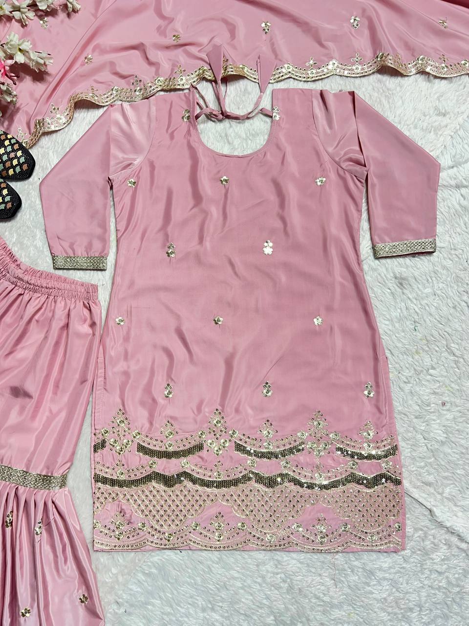 Pink Colour Heavy Faux Georgette 5mm Embroidery Sequence Work Sharara