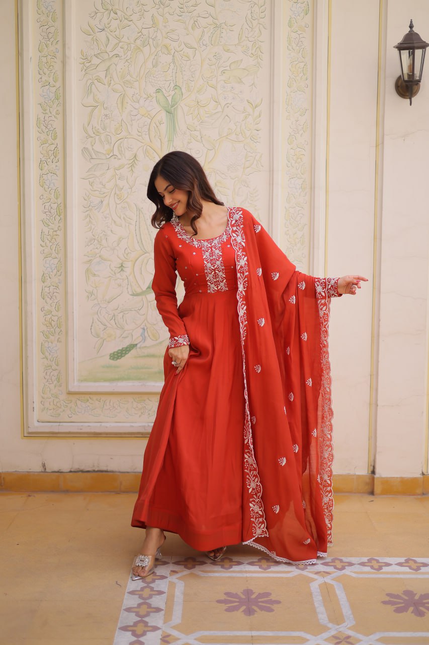 Sweet Rust Orange Bead Work Chanderi Wedding Wear Gown With Dupatta