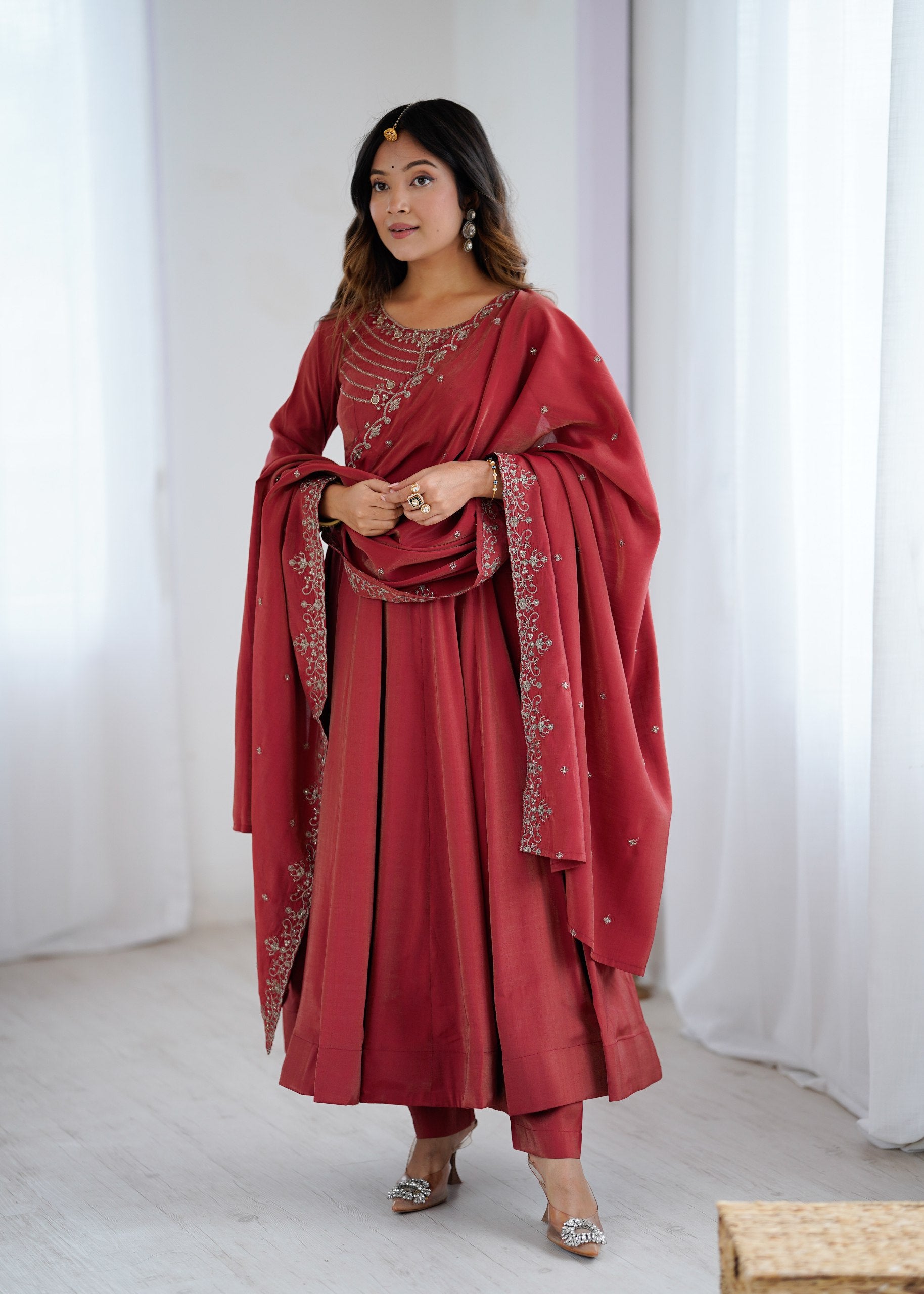 Maroon Chanderi Silk Anarkali Set with Handwork Beads
