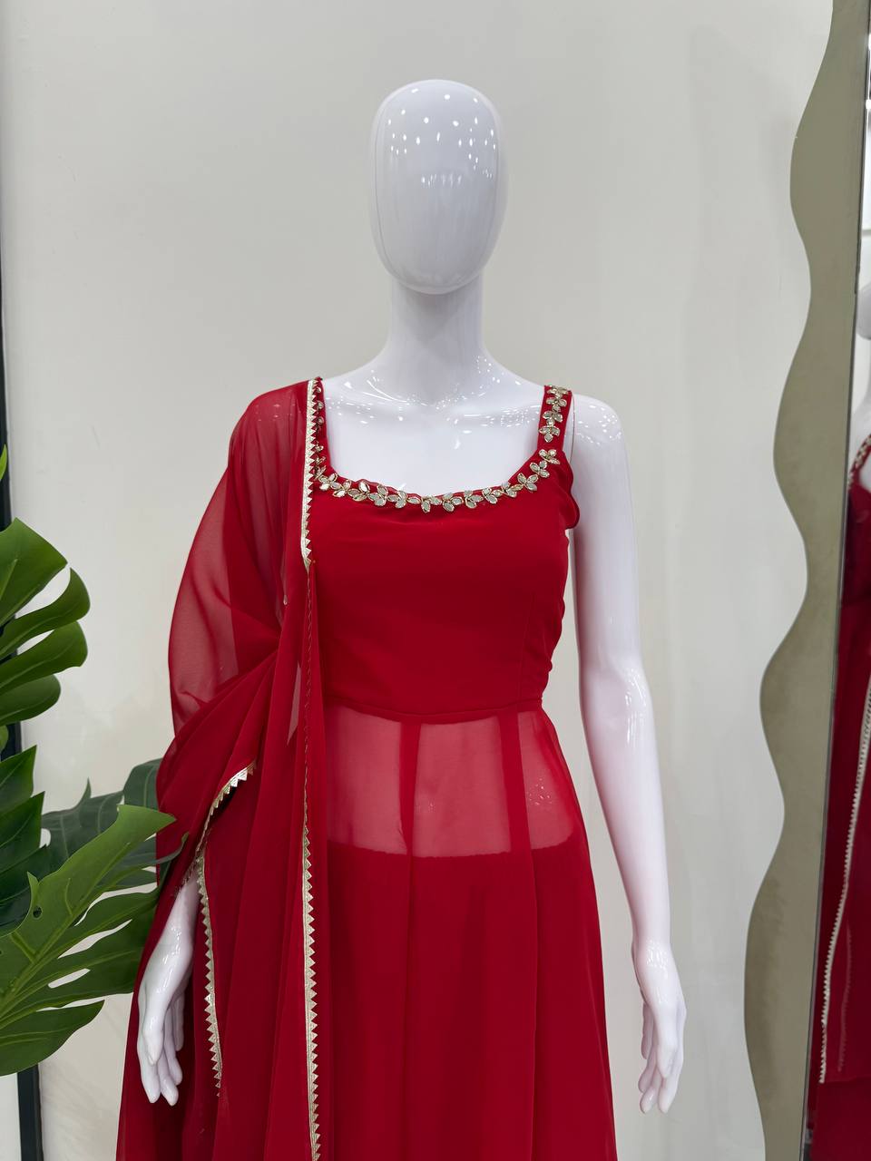 Red Faux Georgette Lace Mirror Work Salwar Suit