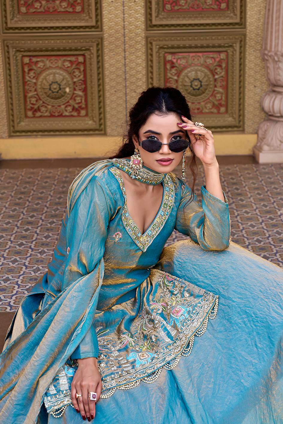 Pink & Blue Pure Fendy Kurti Lehenga with Moti Embroidery & Dupatta Set