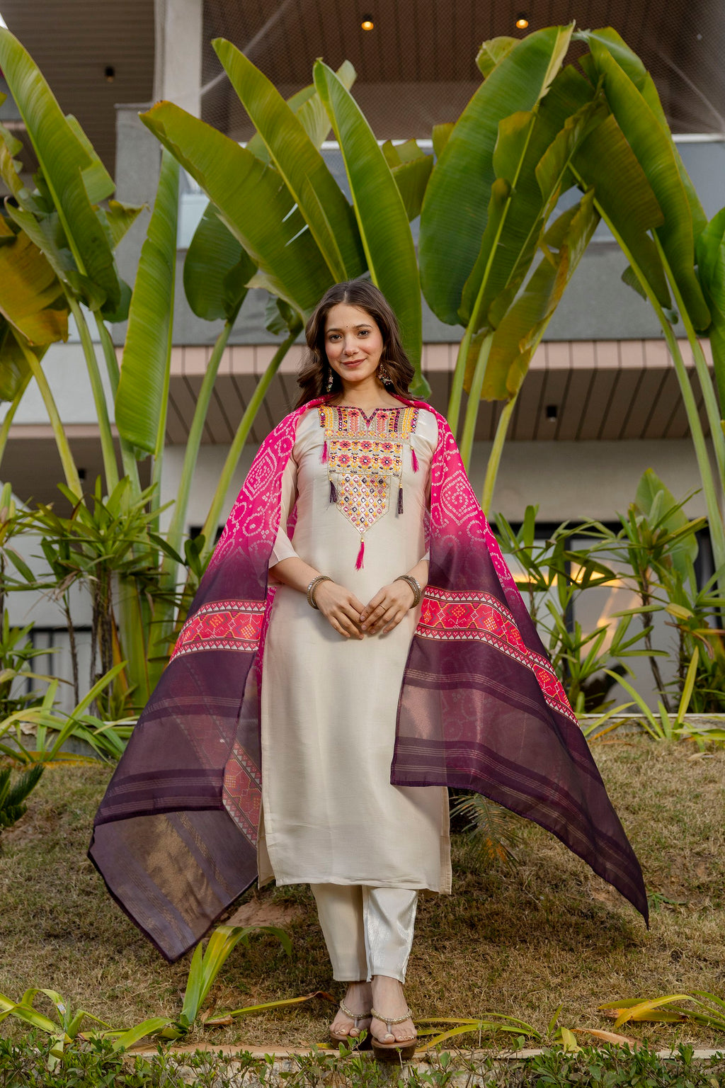 Sophisticated Cream Viscose Shimmer Embroidered Printed Straight Pant Suit After Six Wear