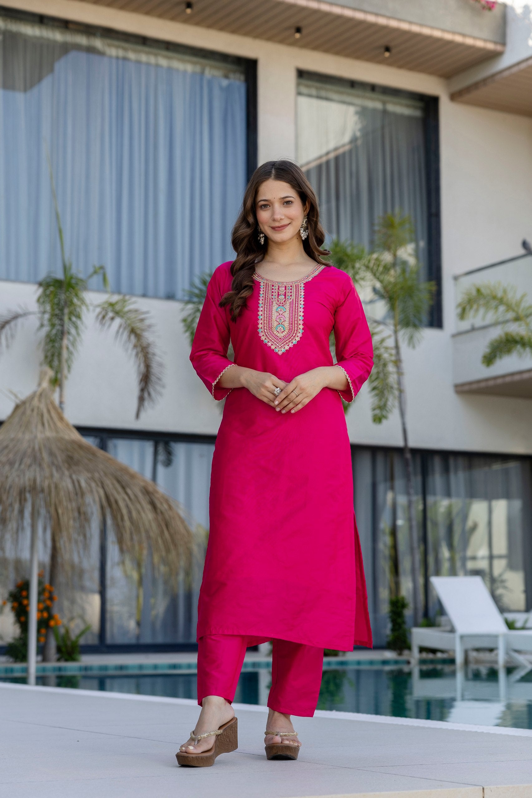 Women Ethnic Motifs Embroidered Regular Thread Work Chanderi Cotton Kurta with Trousers & With Dupatta