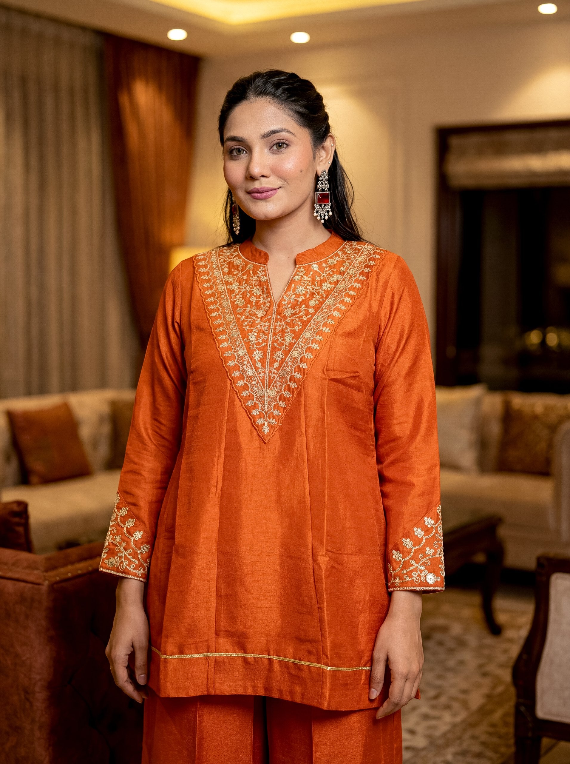 Embroidered Regular Sequinned Chanderi Silk Kurta with Palazzo & Dupatta