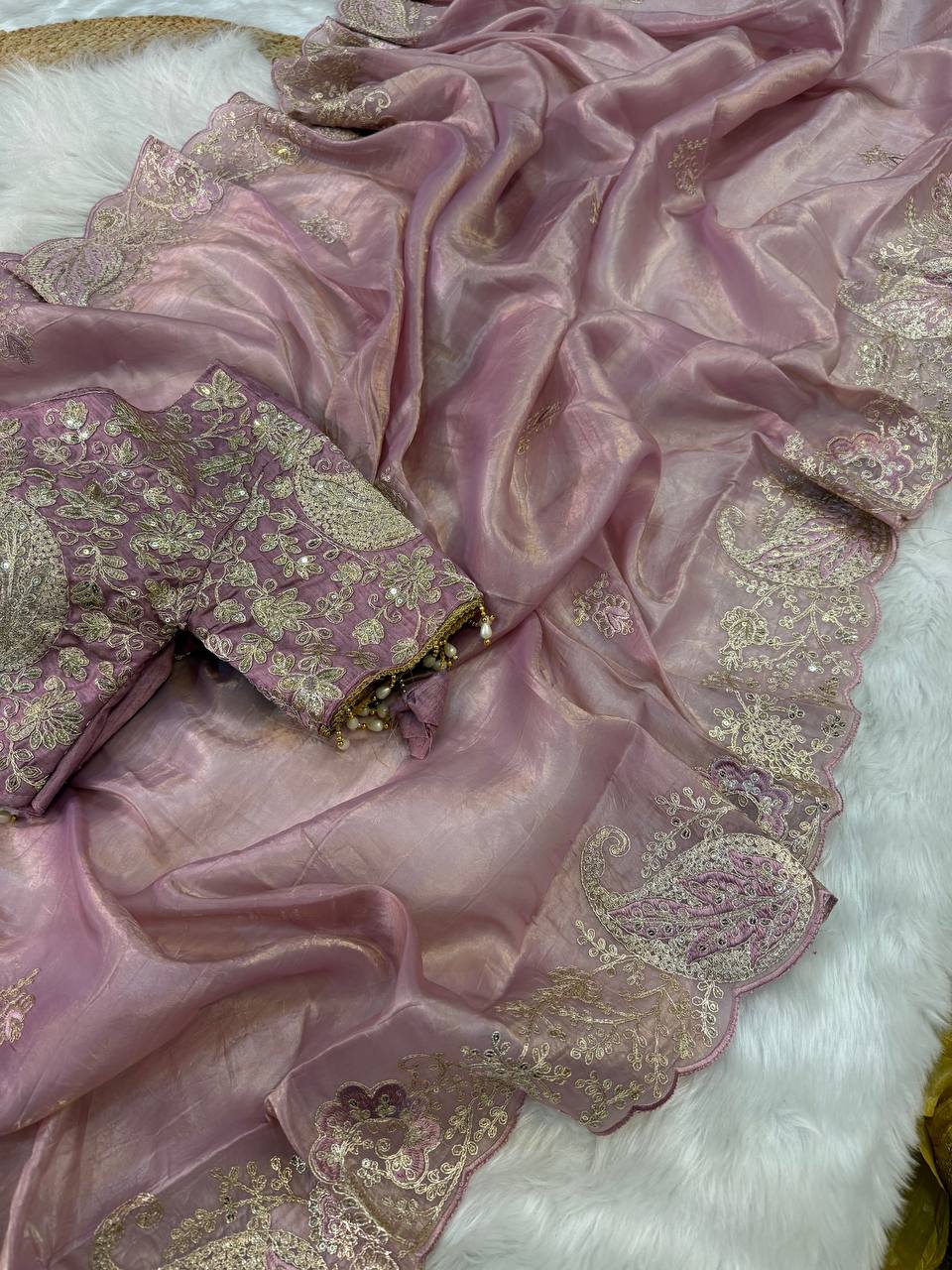 Elegant Crystal Crush Tissue Saree