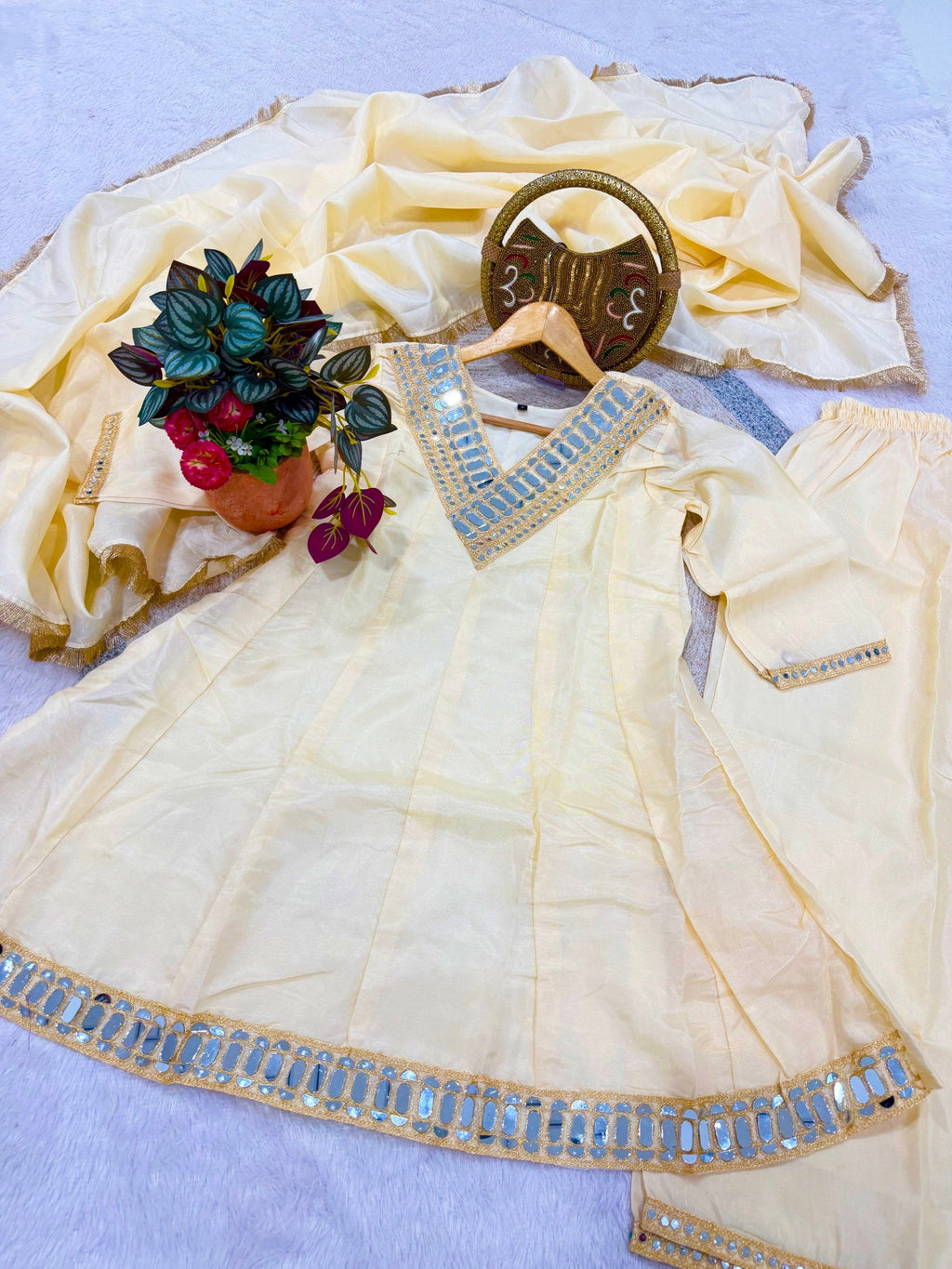 Shimmer Silk Mirror Work 3Pc Designer Kurti Pant Dupatta Set